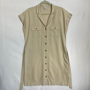 Old Navy Women’s Sz M Tan Midi Button Down Belted Sleeveless Shirt Dress Linen